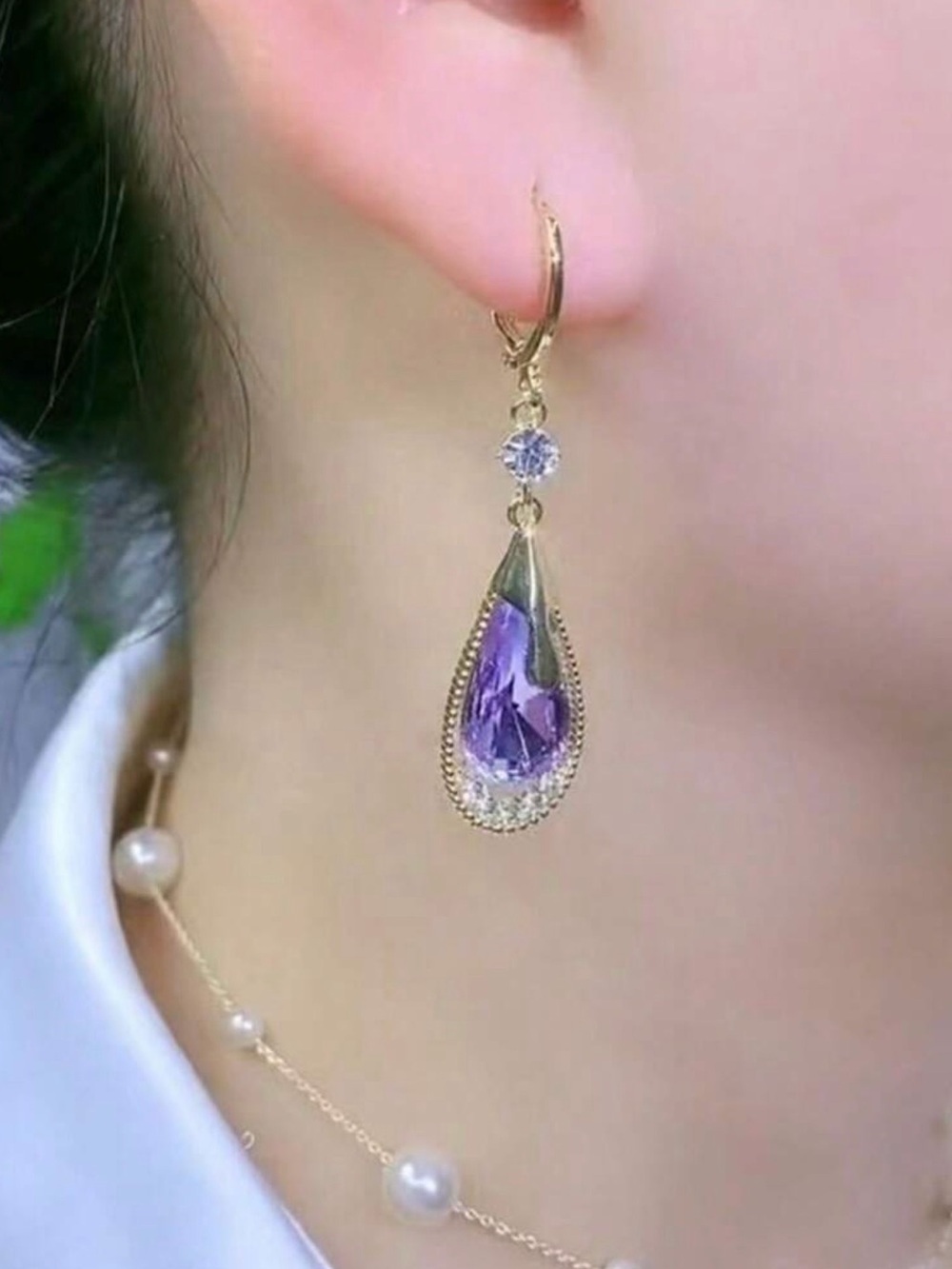 Gold Teardrop Earrings with Purple Crystal Dangle - Unbranded
